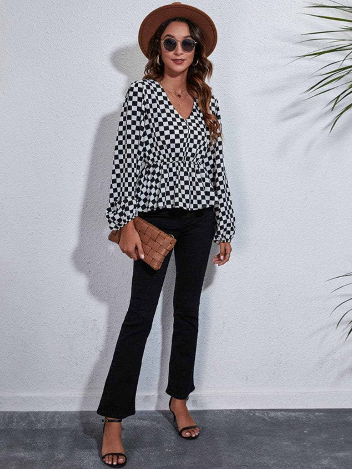 Clothing & Apparel Trendsi Chic checkered v-neck peplum blouse