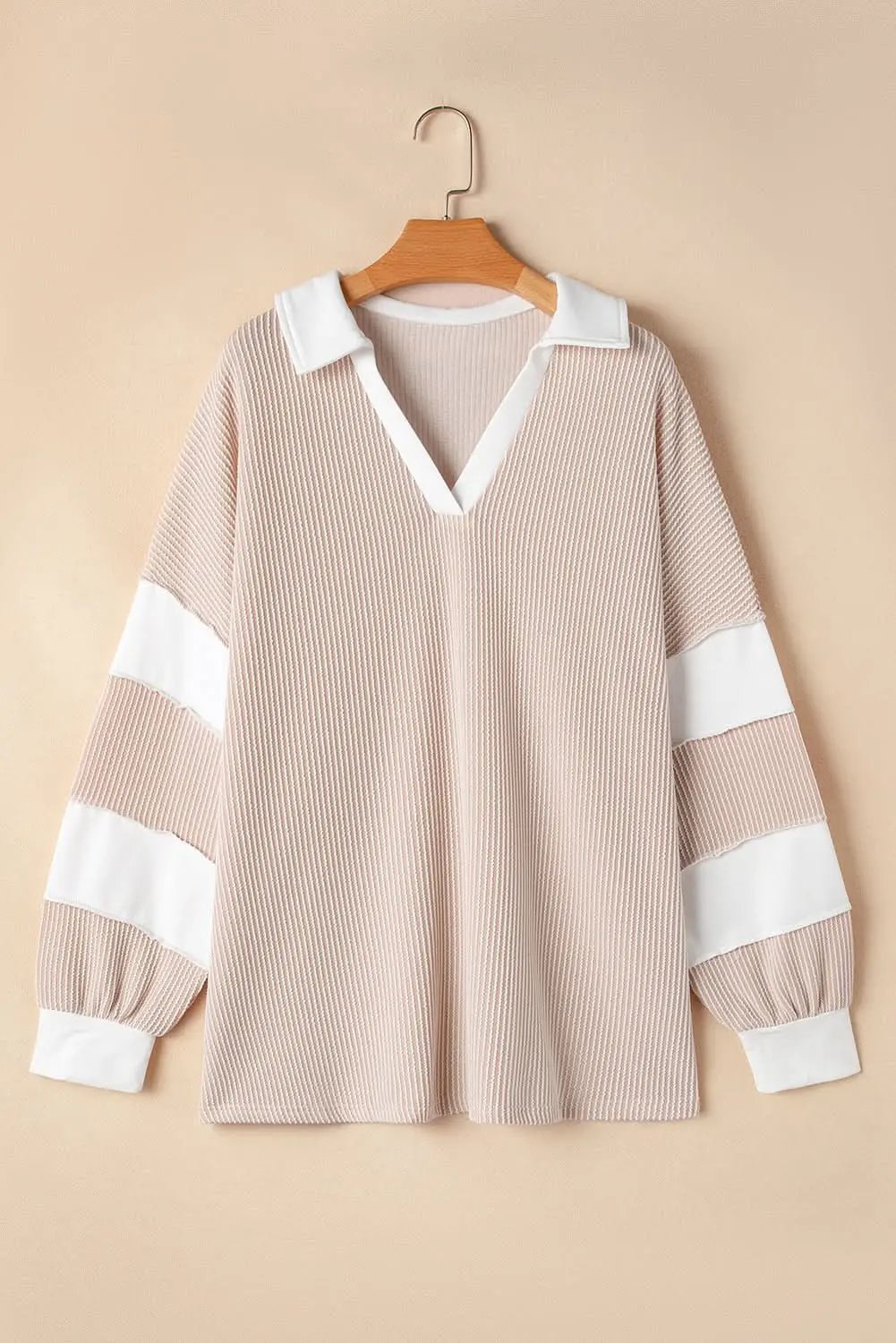 Plus Size/Plus Size Tops/Plus Size Long Sleeve Tops Love Salve Colorblock V-Neck Women's Casual Top: Everyday Style, Slit Detail
