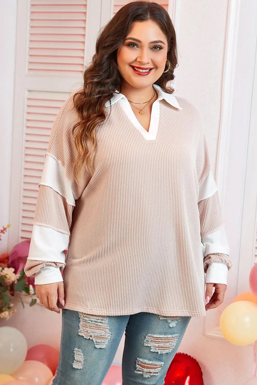 Plus Size/Plus Size Tops/Plus Size Long Sleeve Tops Love Salve Colorblock V-Neck Women's Casual Top: Everyday Style, Slit Detail