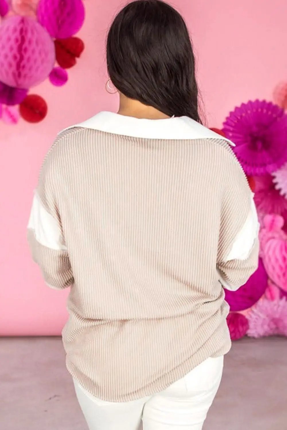 Plus Size/Plus Size Tops/Plus Size Long Sleeve Tops Love Salve Colorblock V-Neck Women's Casual Top: Everyday Style, Slit Detail