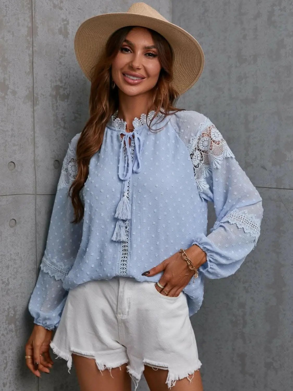 Crochet Tie Neck Blouse Long Sleeve — Elegant Office to Dinner