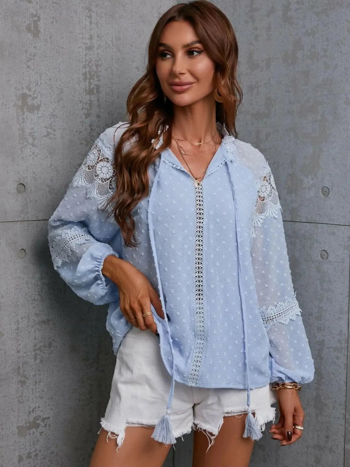 Crochet Tie Neck Blouse Long Sleeve — Elegant Office to Dinner