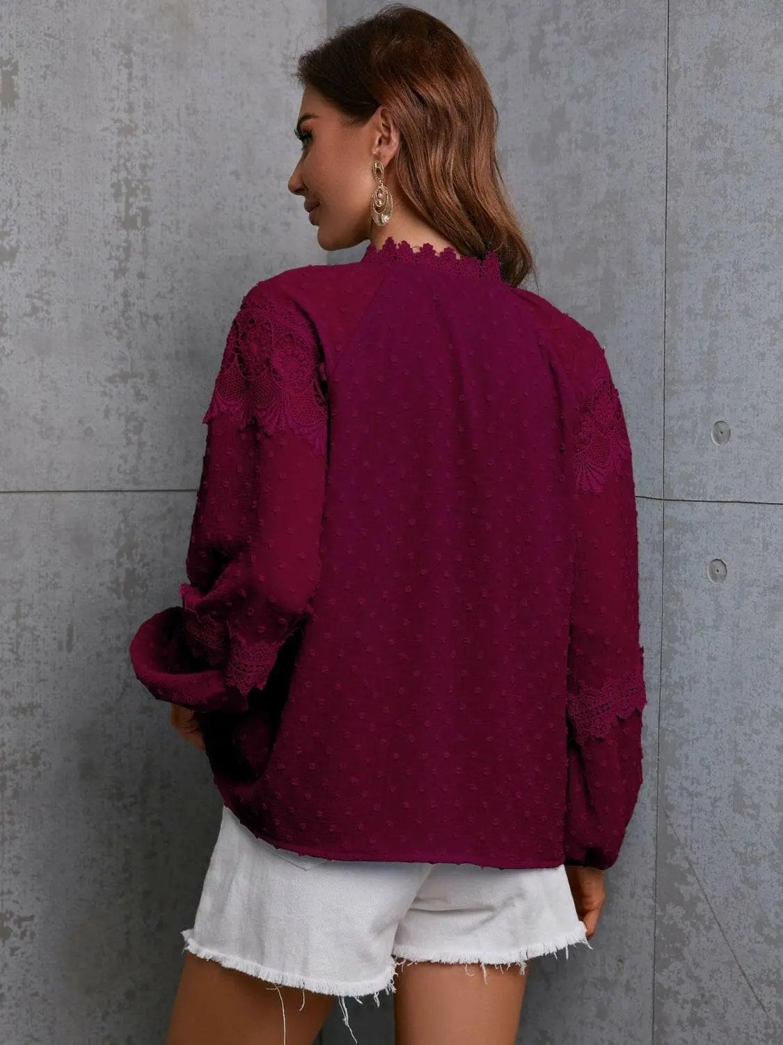 Crochet Tie Neck Blouse Long Sleeve — Elegant Office to Dinner