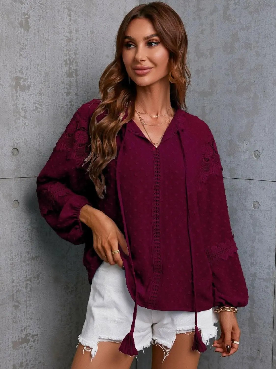 Crochet Tie Neck Blouse Long Sleeve — Elegant Office to Dinner
