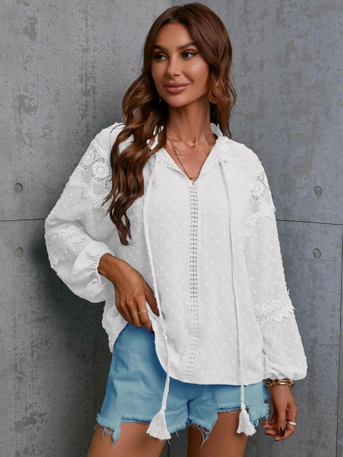 Crochet Tie Neck Blouse Long Sleeve — Elegant Office to Dinner