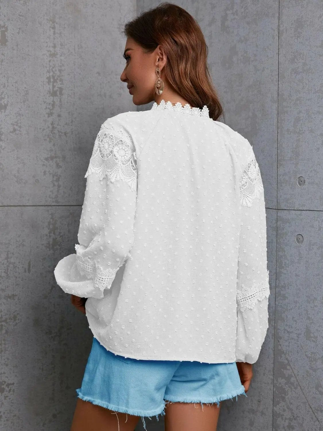 Crochet Tie Neck Blouse Long Sleeve — Elegant Office to Dinner