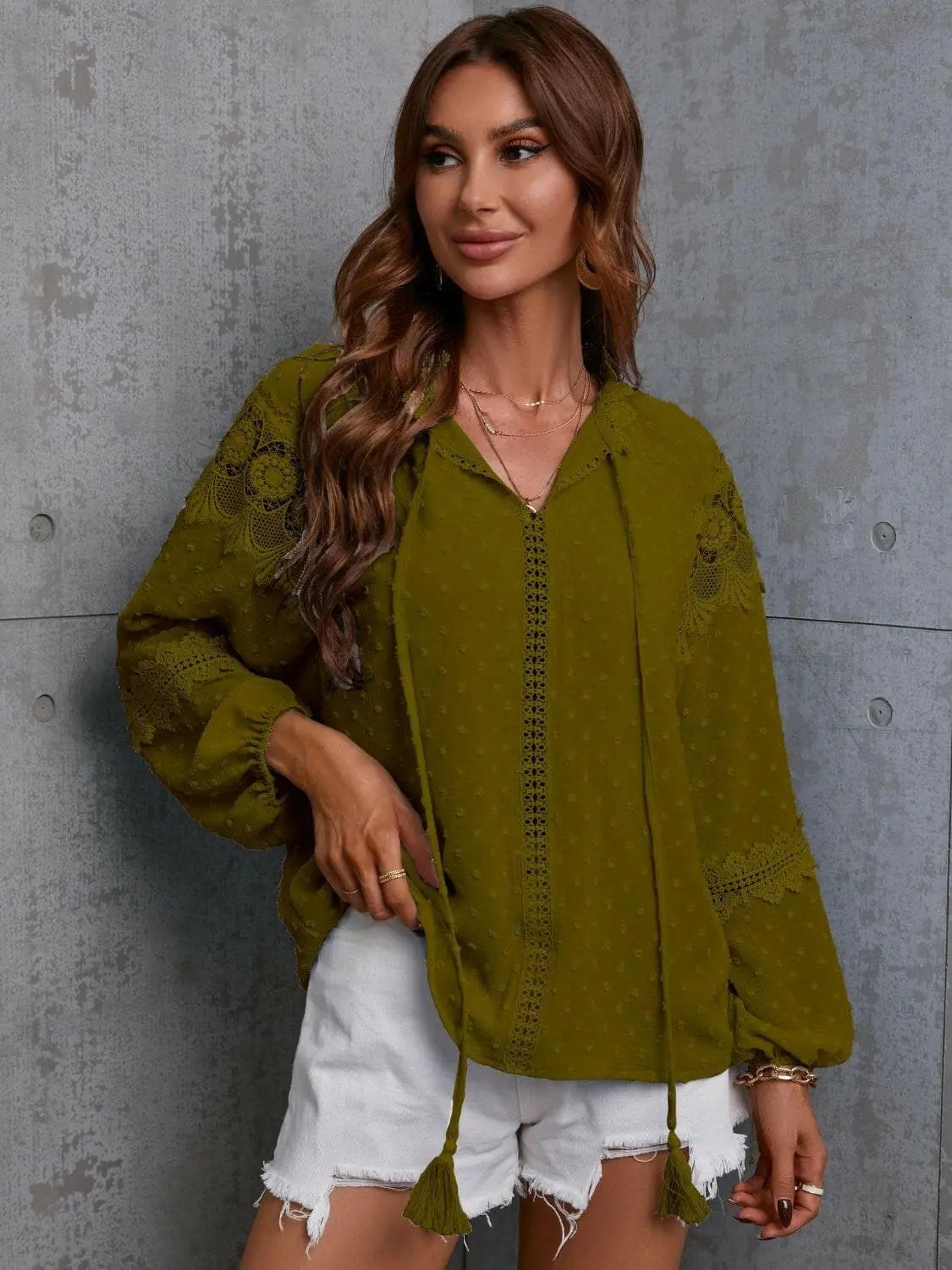 Crochet Tie Neck Blouse Long Sleeve — Elegant Office to Dinner