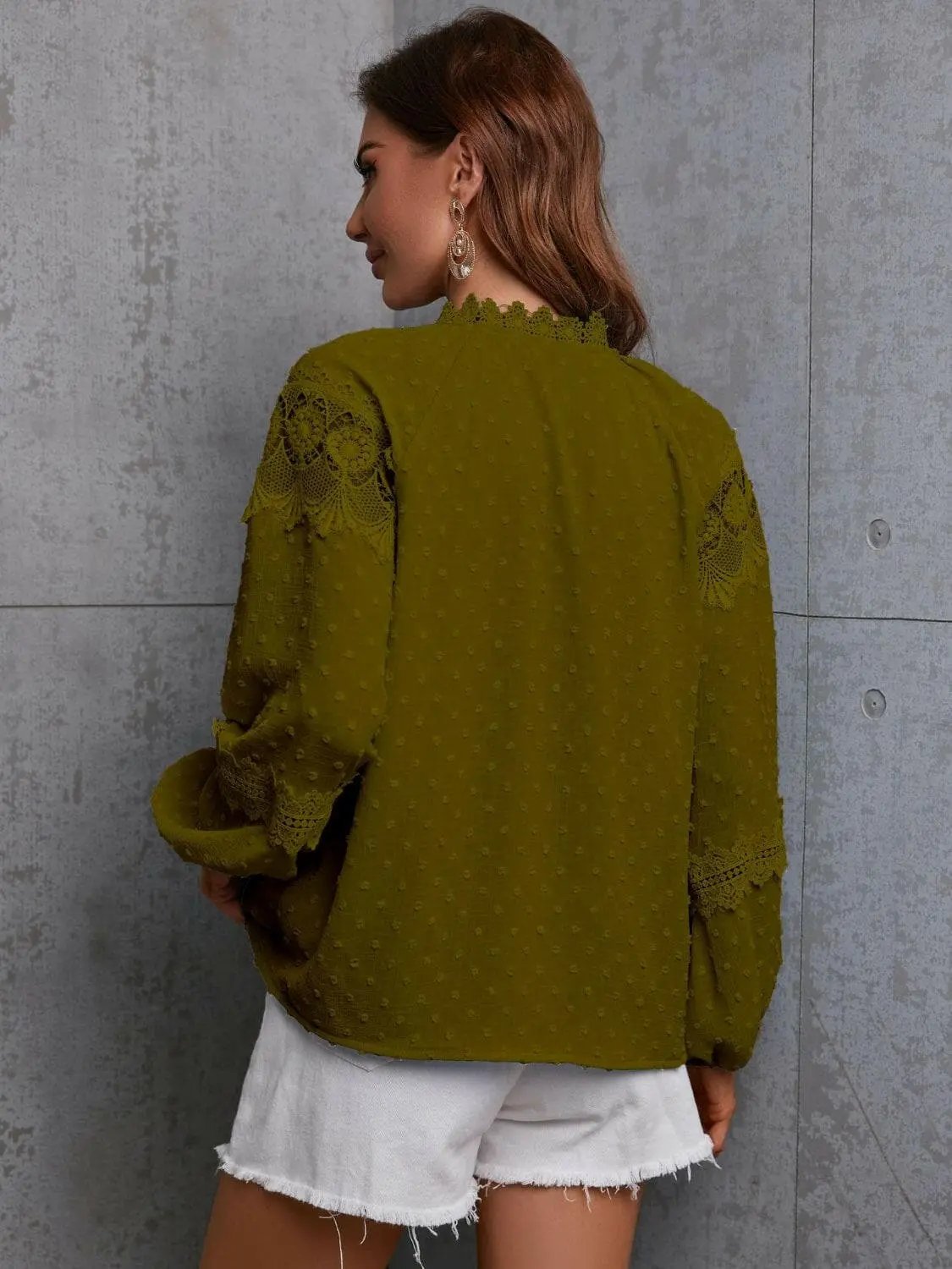 Crochet Tie Neck Blouse Long Sleeve — Elegant Office to Dinner