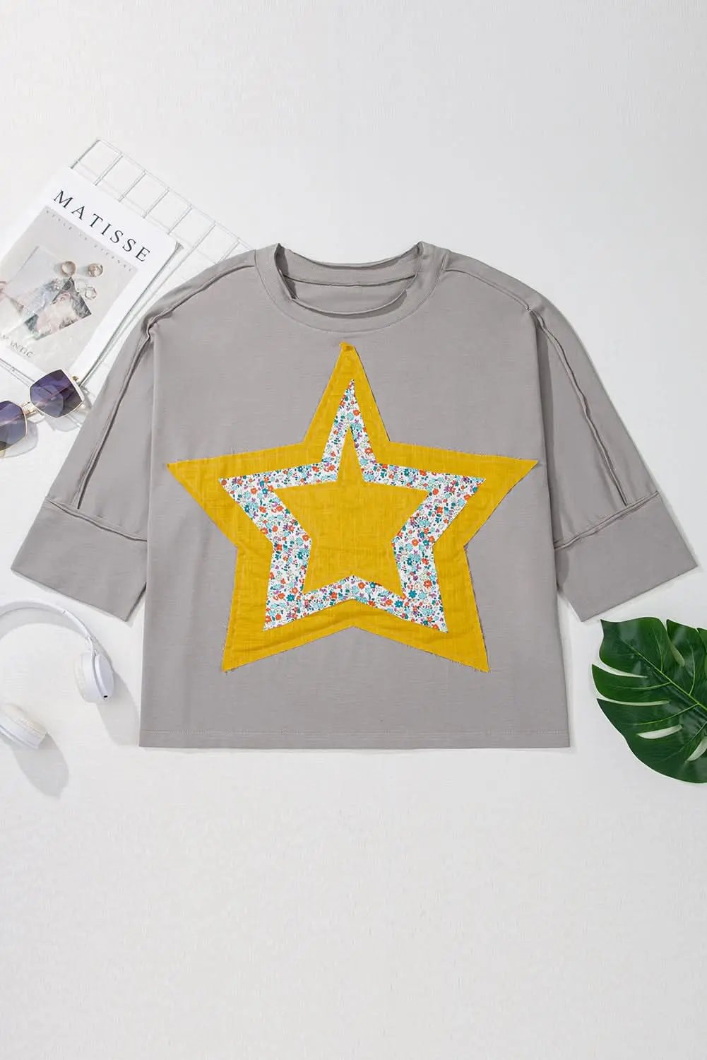 Accessories Love Salve Grey Floral Star Plus Size Women's Top: Western Style, Fall Fashion
