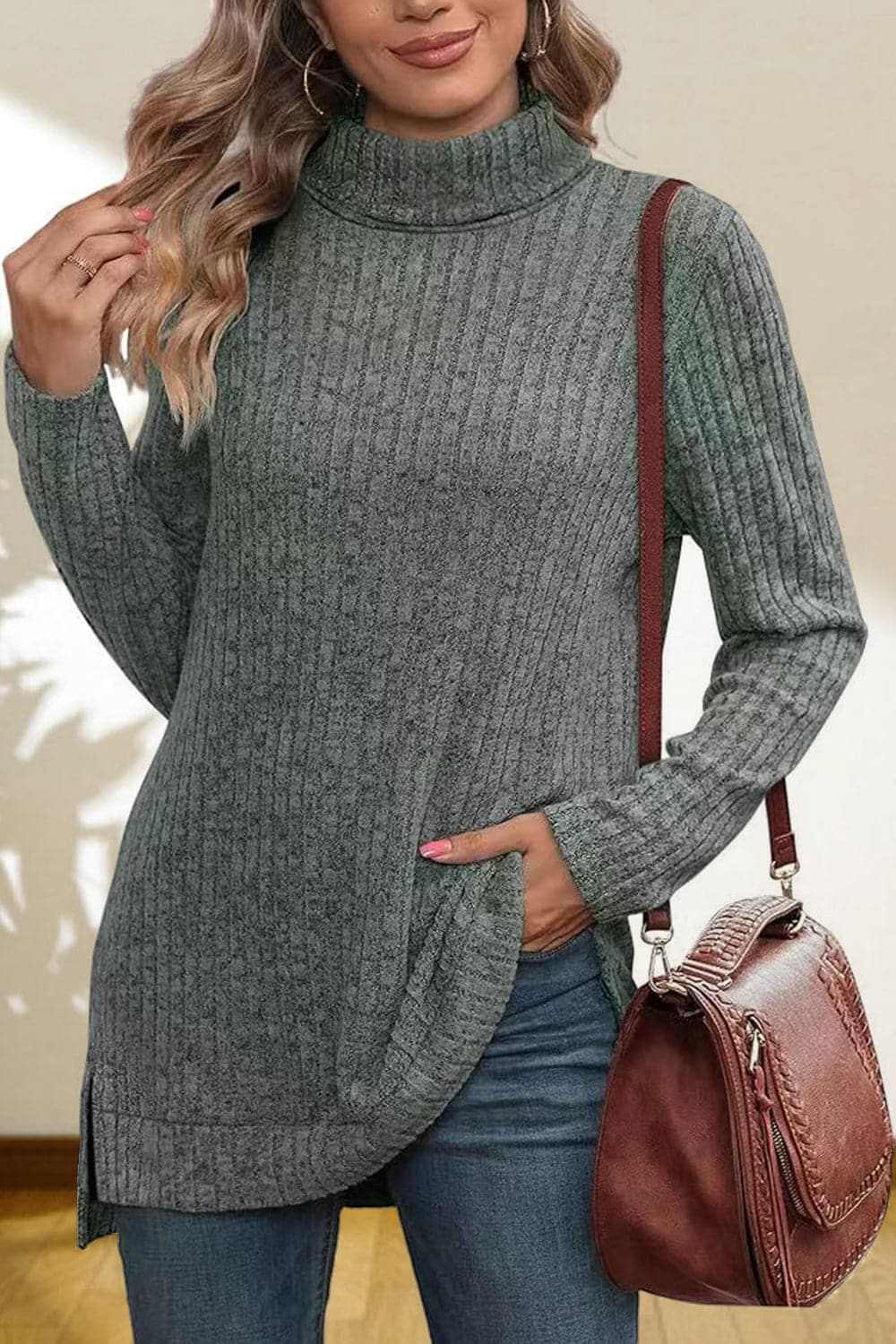 Sweater Pullovers Trendsi Chic high-low turtleneck top