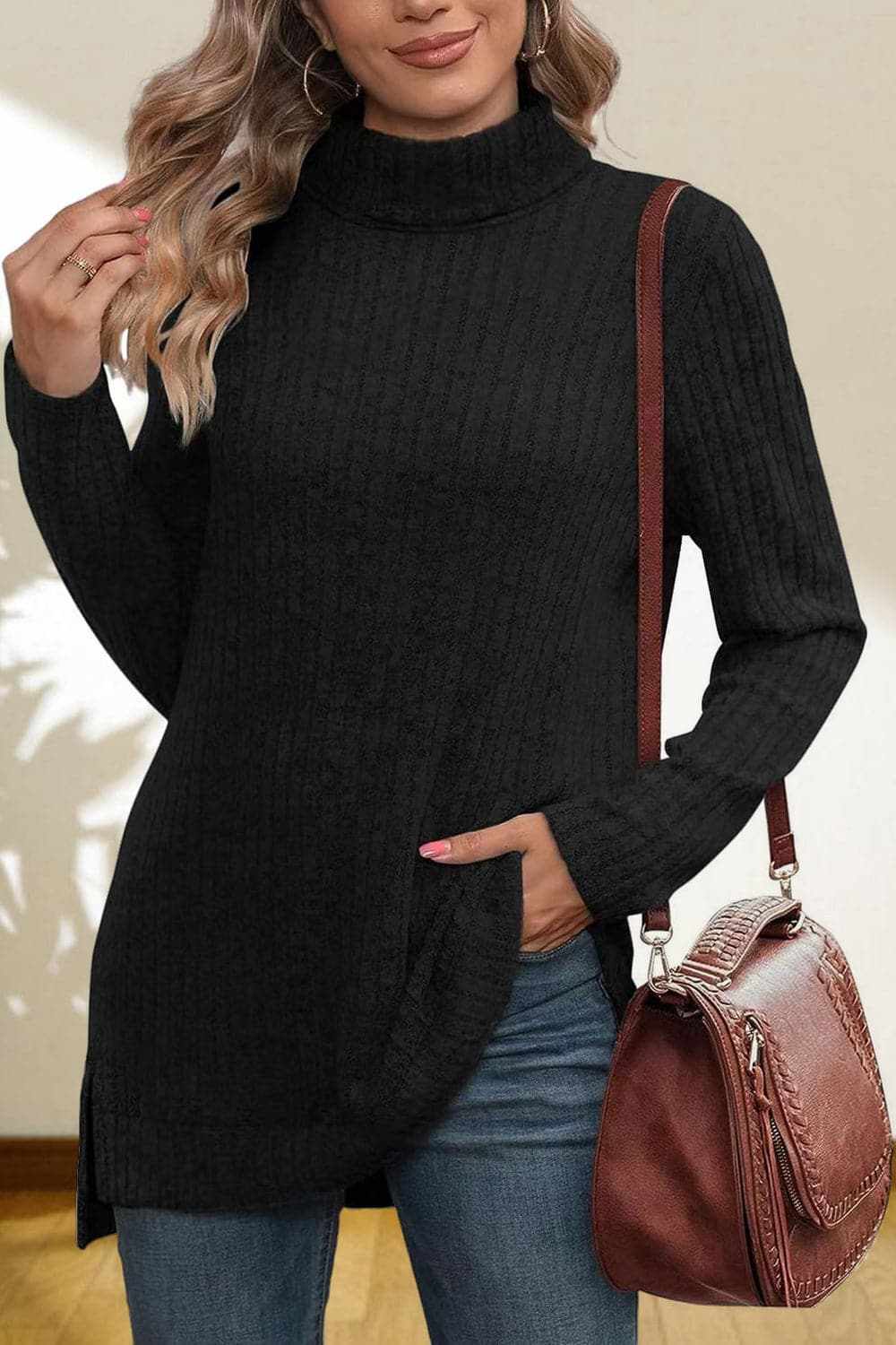 Sweater Pullovers Trendsi Chic high-low turtleneck top