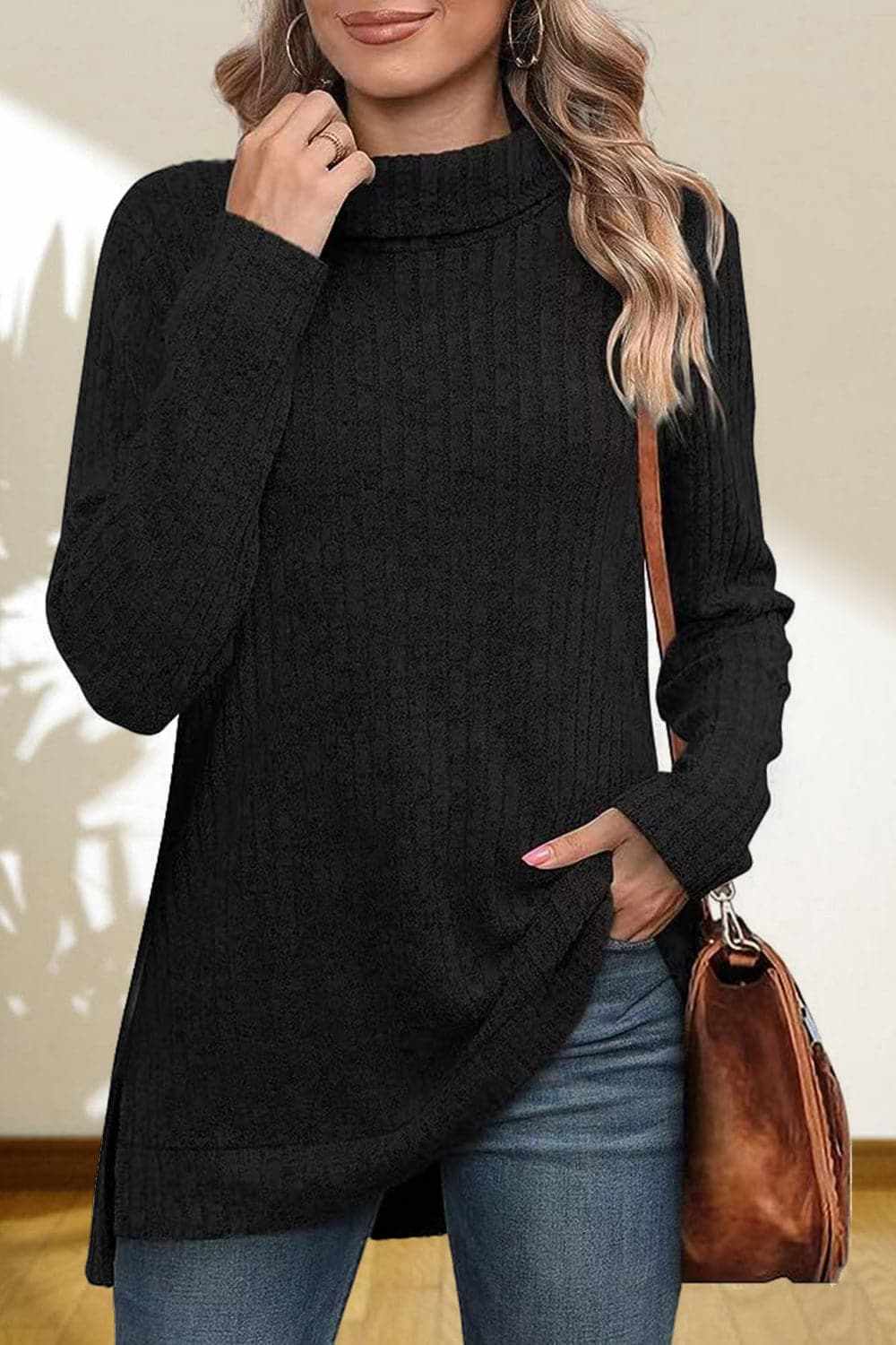 Sweater Pullovers Trendsi Chic high-low turtleneck top