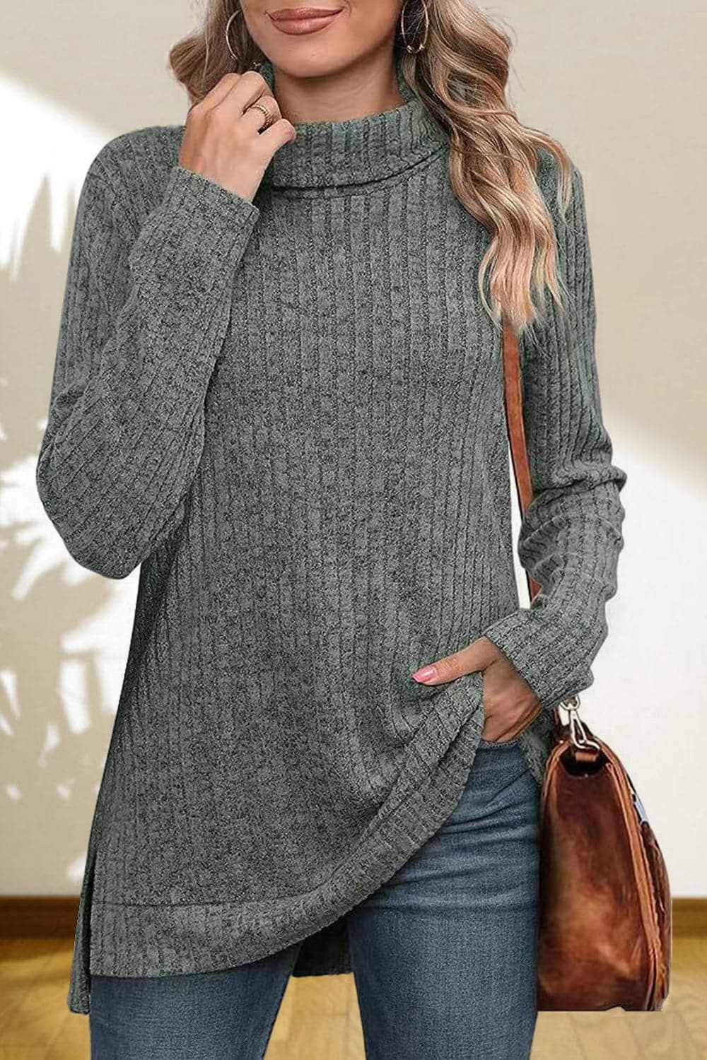 Sweater Pullovers Trendsi Chic high-low turtleneck top