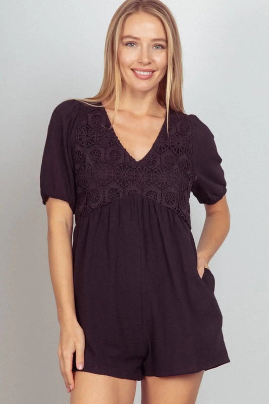 Dresses Trendsi Mono Corto de Encaje con Mangas Abullonadas y Bolsillos para Mujer