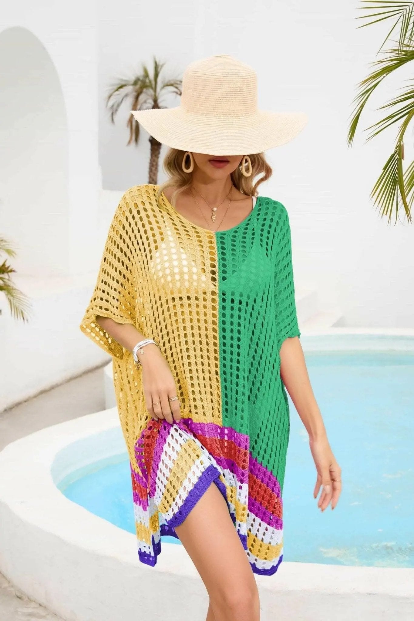 Camisetas Trendsi trajes de baño - Chic cubierta de cuello redondo calado