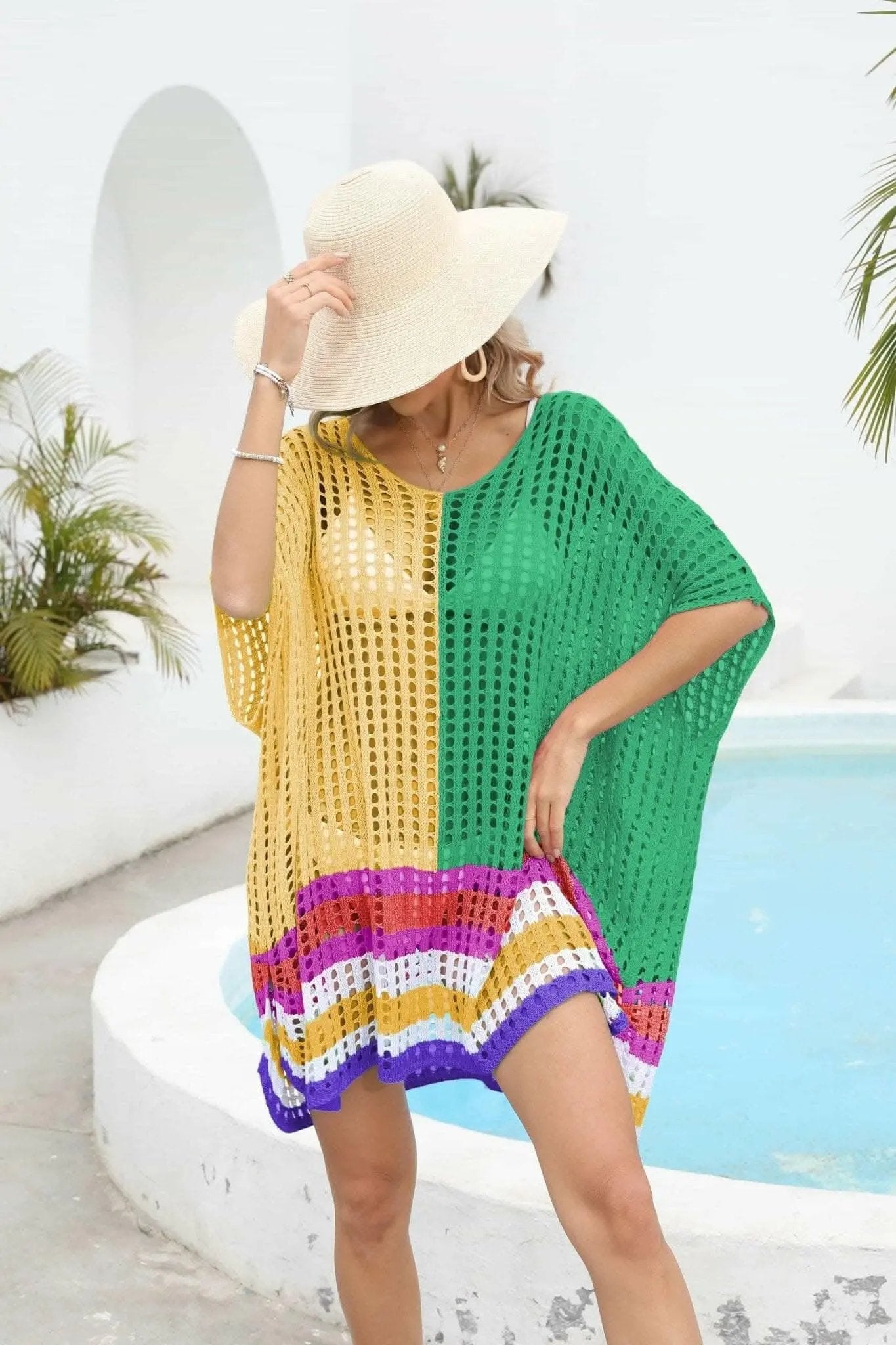 Camisetas Trendsi trajes de baño - Chic cubierta de cuello redondo calado