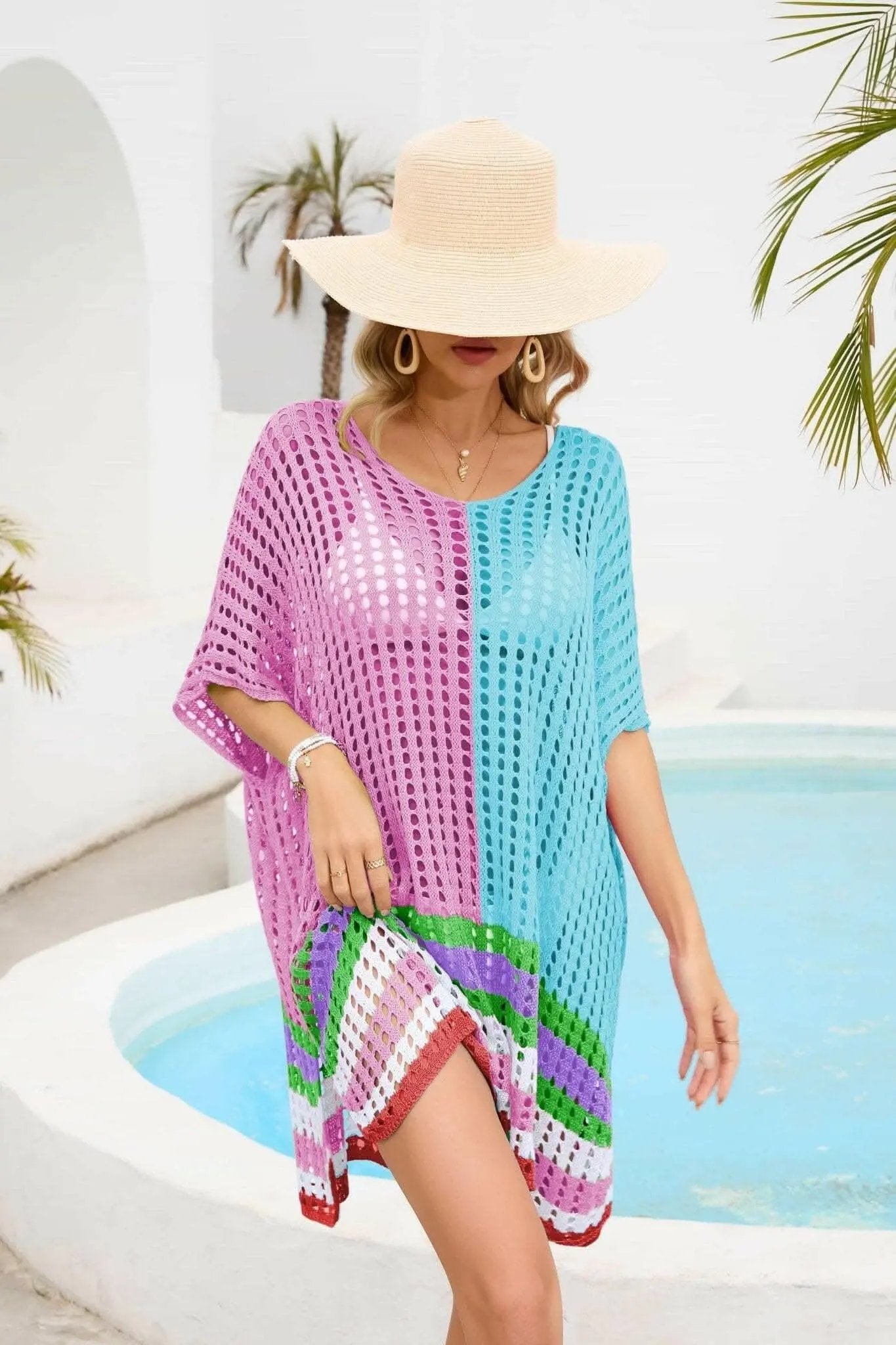 Camisetas Trendsi trajes de baño - Chic cubierta de cuello redondo calado
