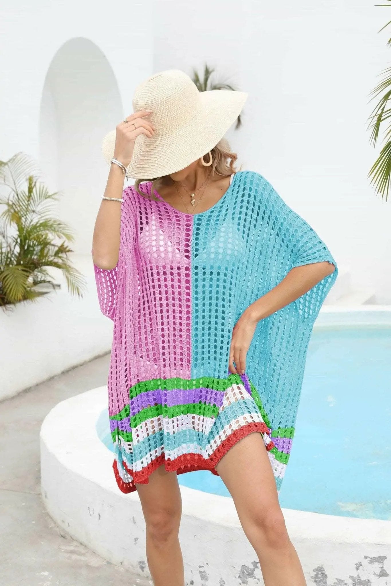 Camisetas Trendsi trajes de baño - Chic cubierta de cuello redondo calado