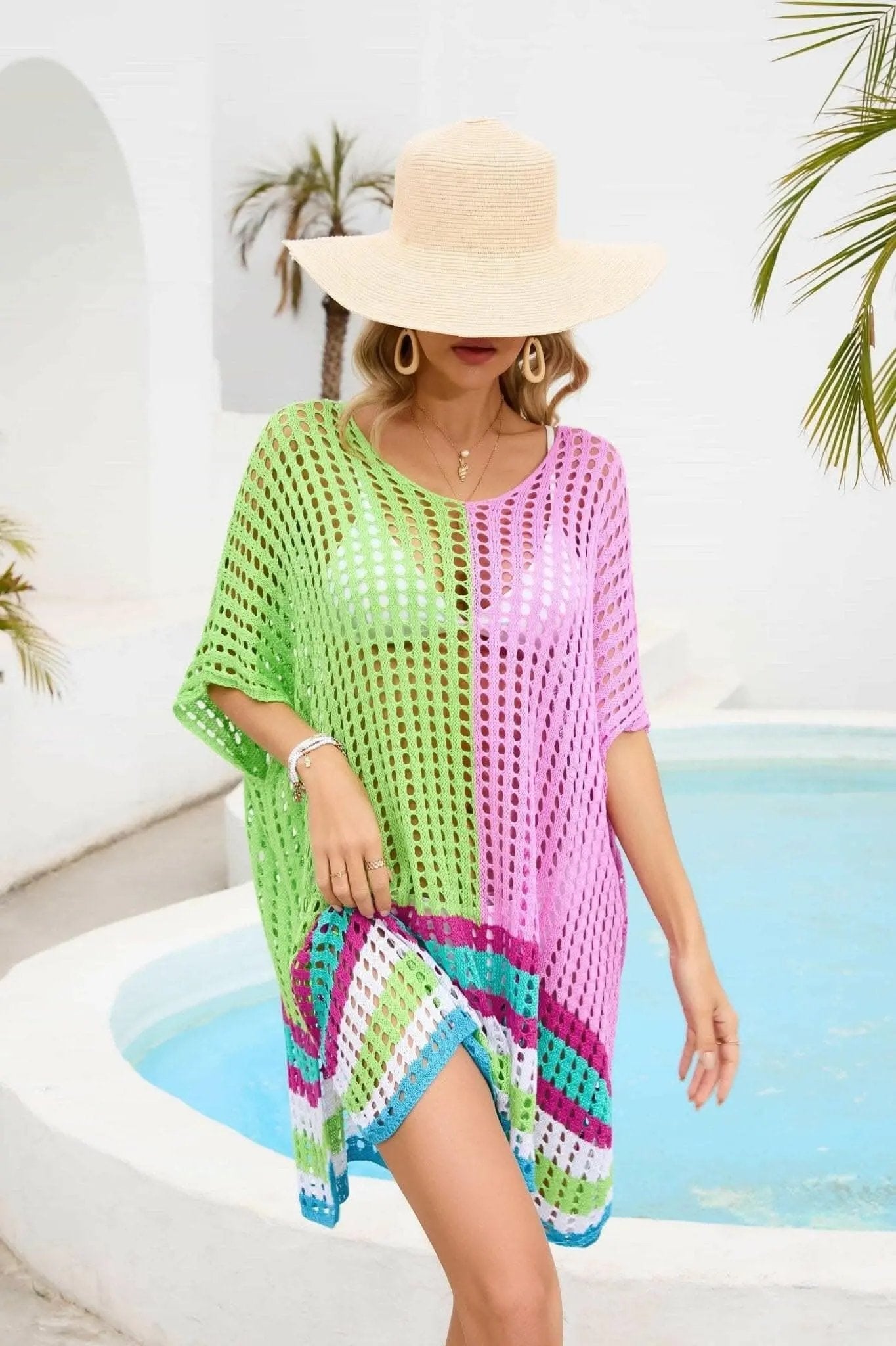 Camisetas Trendsi trajes de baño - Chic cubierta de cuello redondo calado