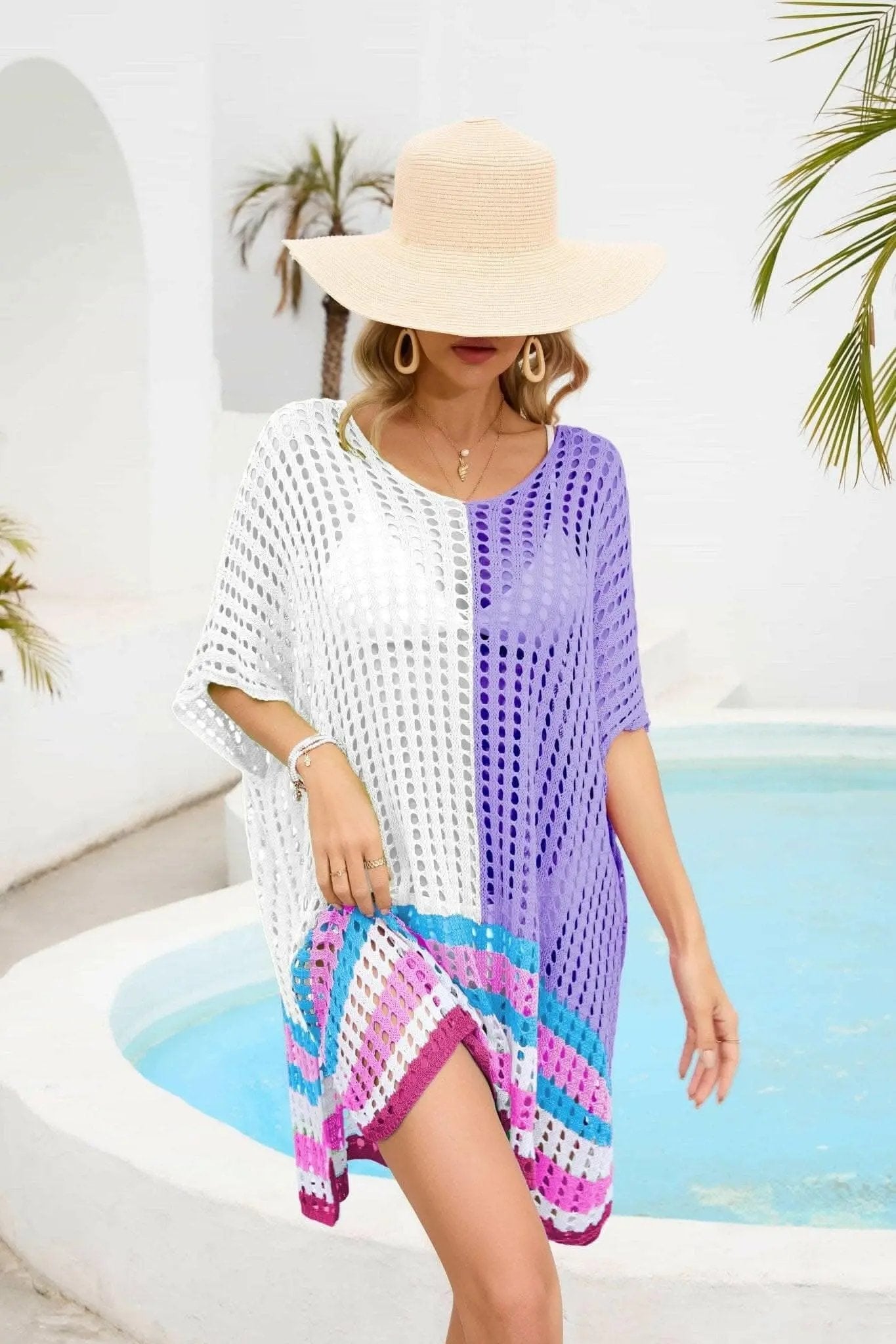 Camisetas Trendsi trajes de baño - Chic cubierta de cuello redondo calado