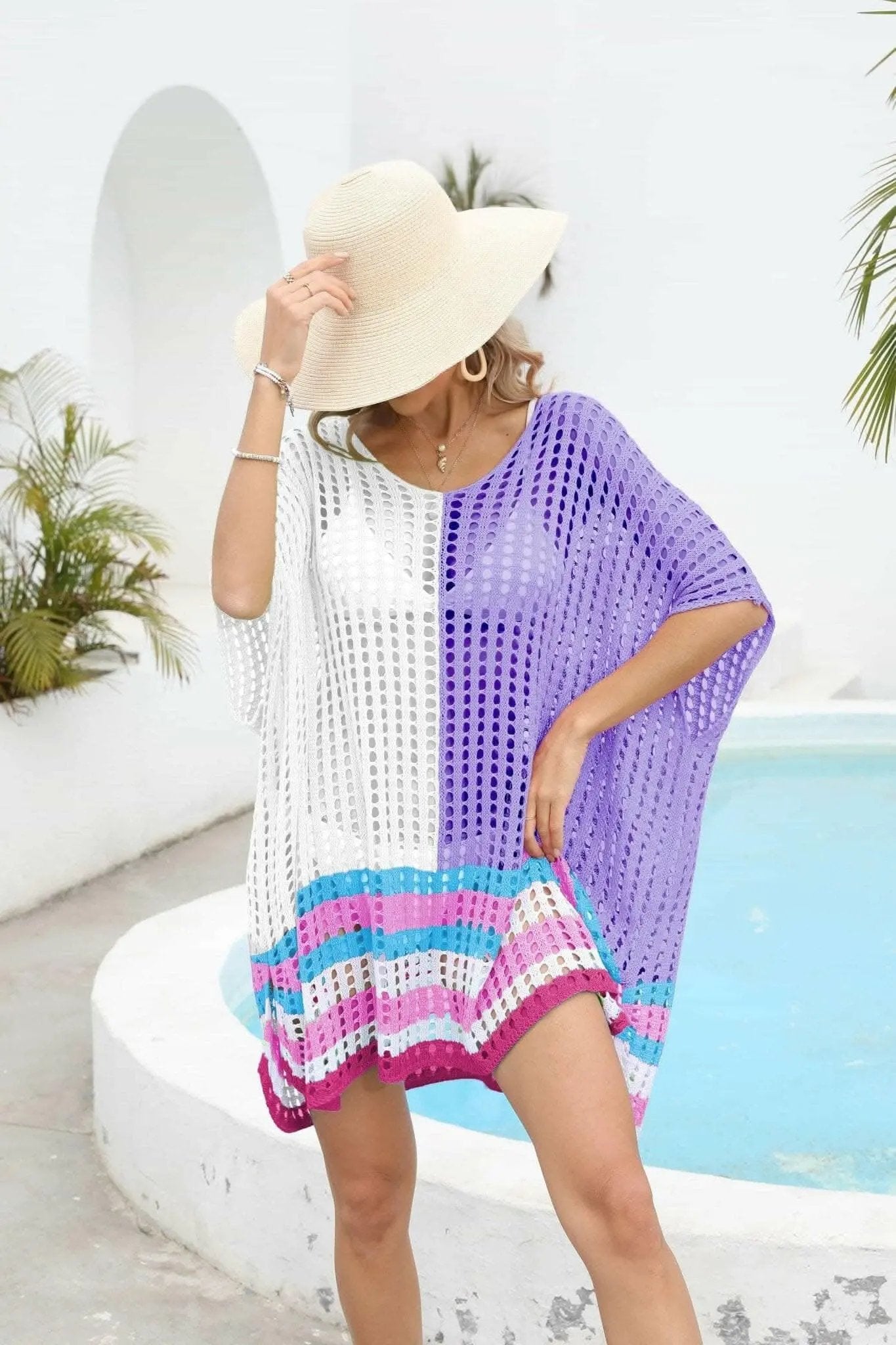 Camisetas Trendsi trajes de baño - Chic cubierta de cuello redondo calado