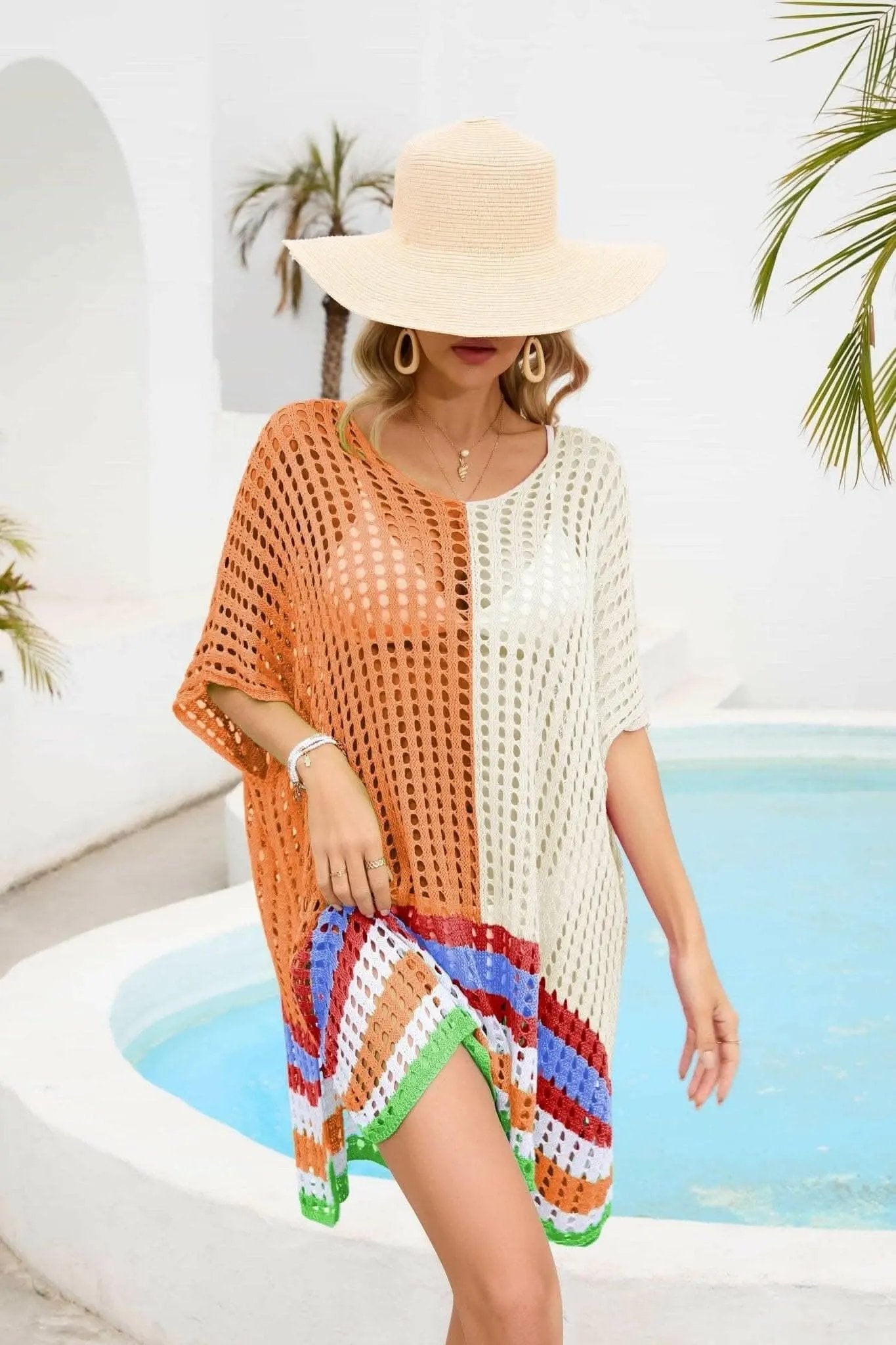 Camisetas Trendsi trajes de baño - Chic cubierta de cuello redondo calado