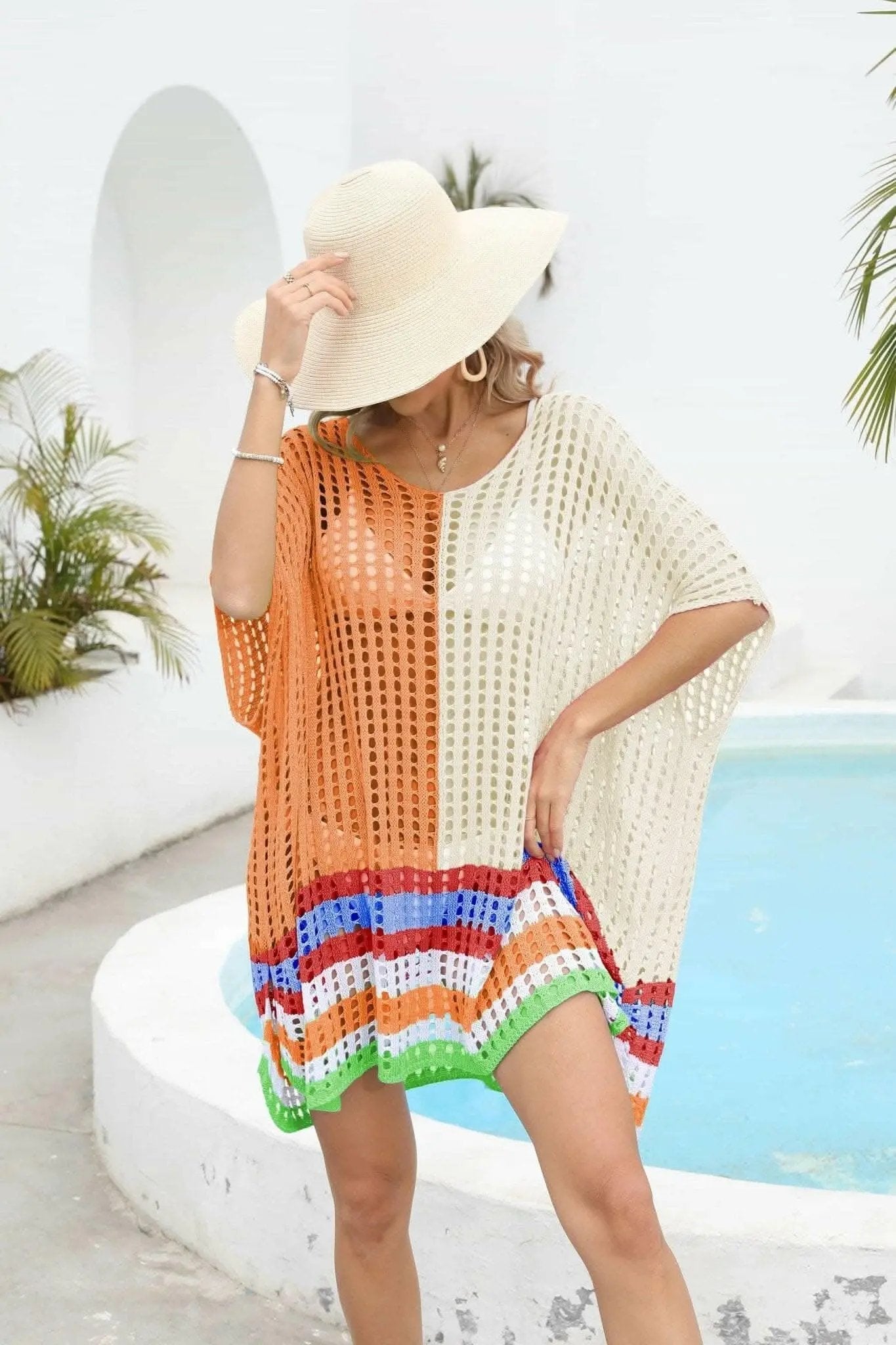 Camisetas Trendsi trajes de baño - Chic cubierta de cuello redondo calado
