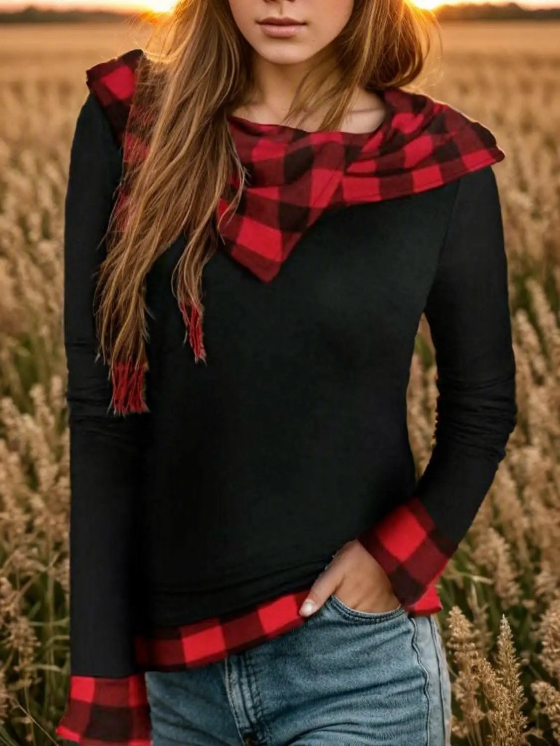 Clothing & Apparel Trendsi Chic plaid hooded long sleeve blouse