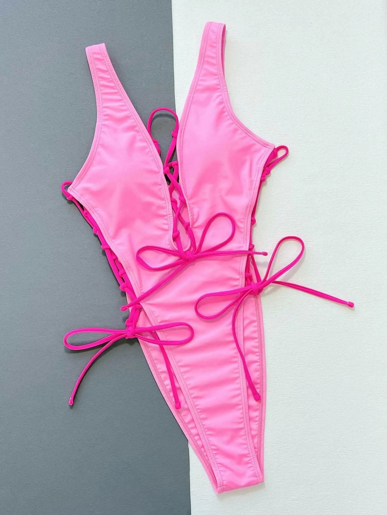 T-Shirts Trendsi swimwear - Chic plunge neck lace-up swimsuit