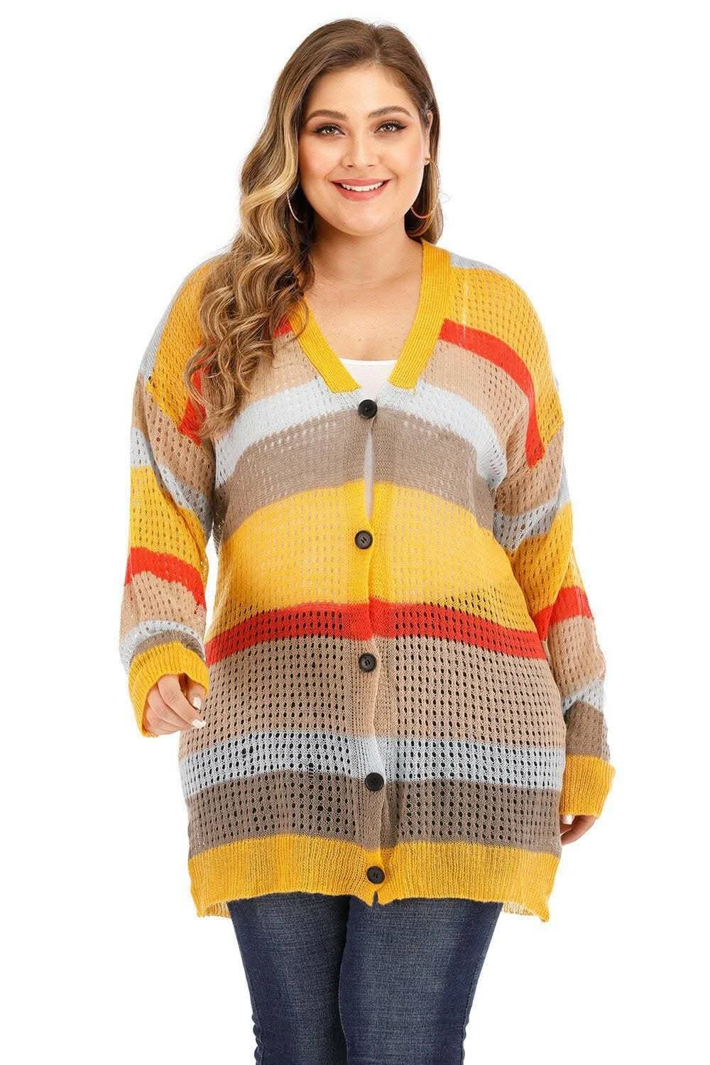 Trendsi Plus Size Color Block Cardigan — Chic Knit Layering