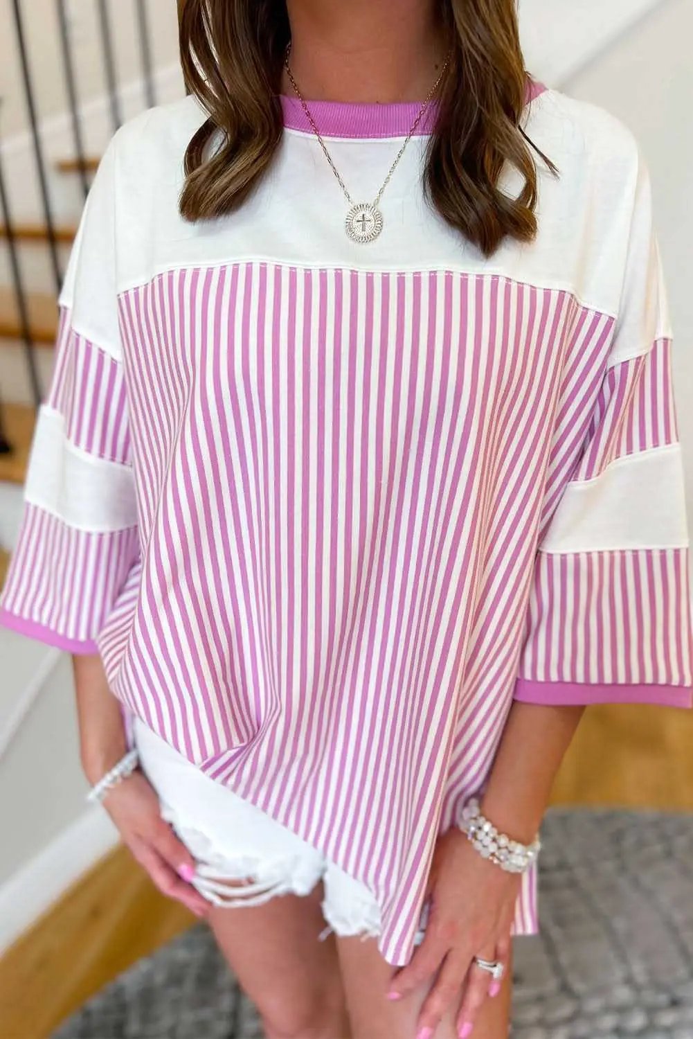 T-Shirts Love Salve Plus Size Pink Stripe Daily Wear Tee Women's Casual Summer Top