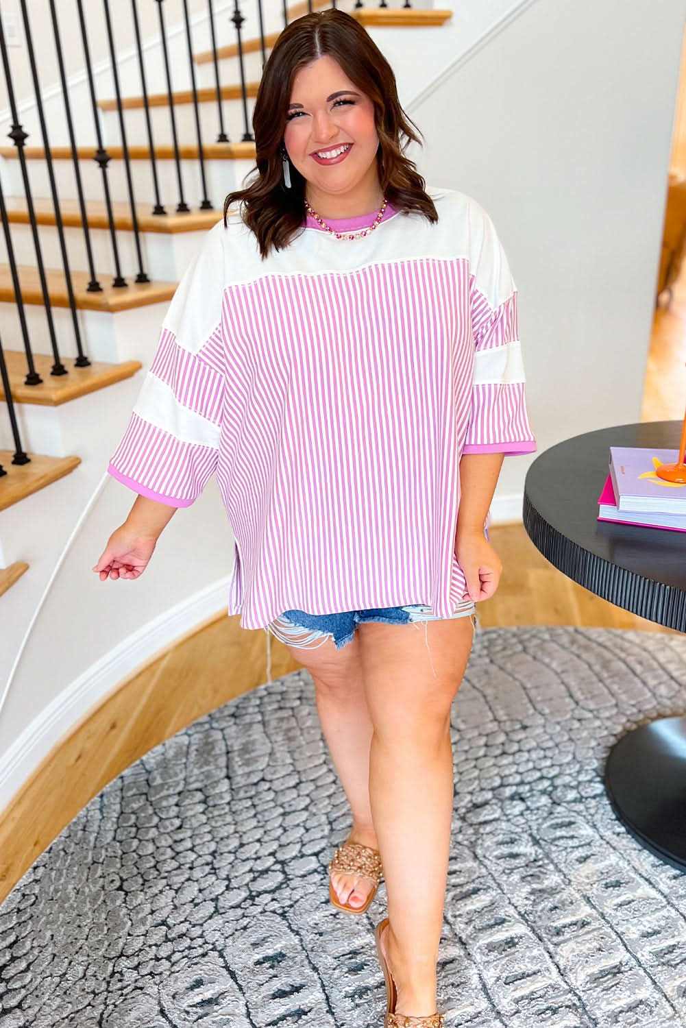 T-Shirts Love Salve Plus Size Pink Stripe Daily Wear Tee Women's Casual Summer Top
