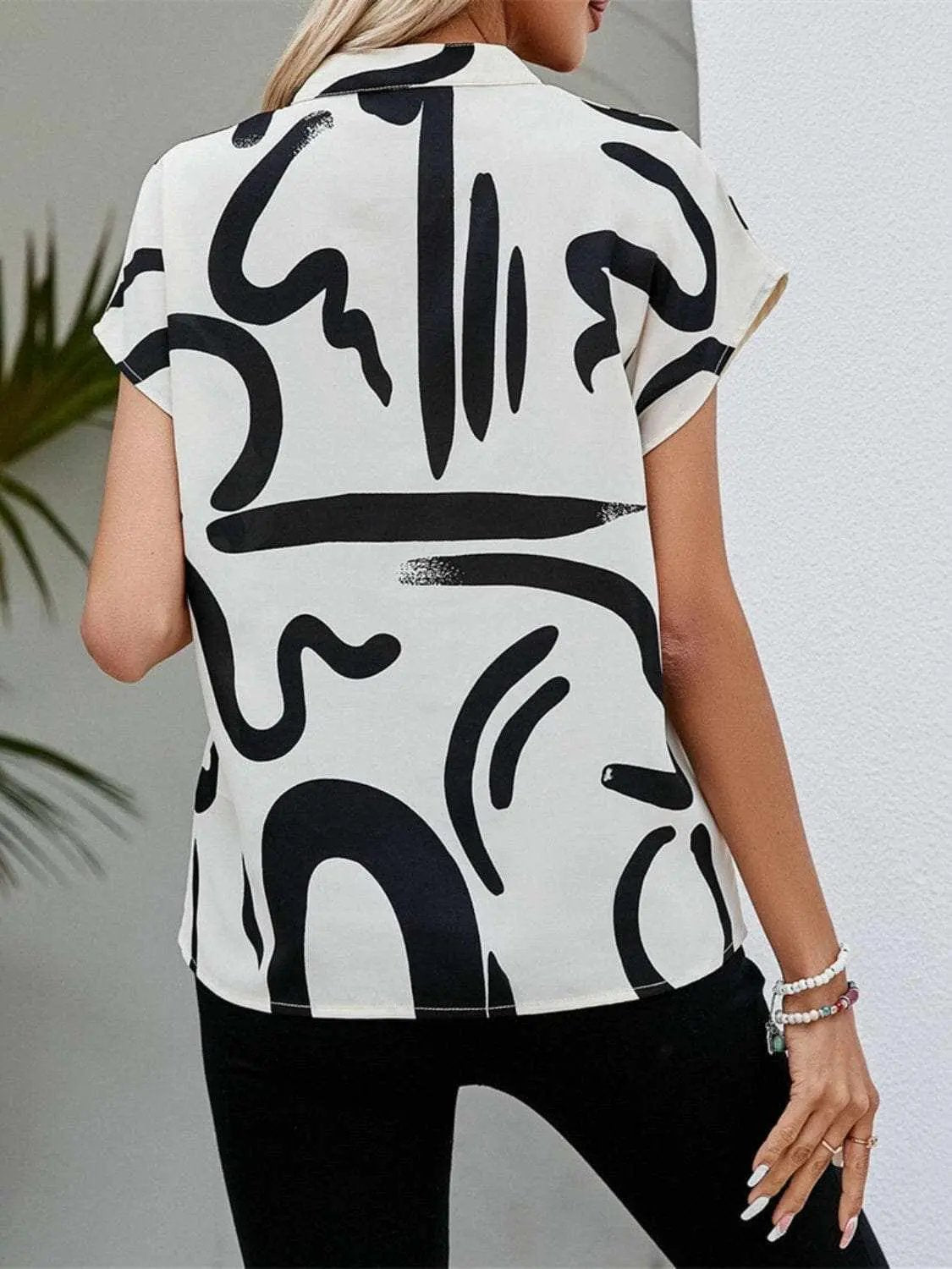 Women's Blouse Blouse - Printed Notched Sleeve - Chic Style
