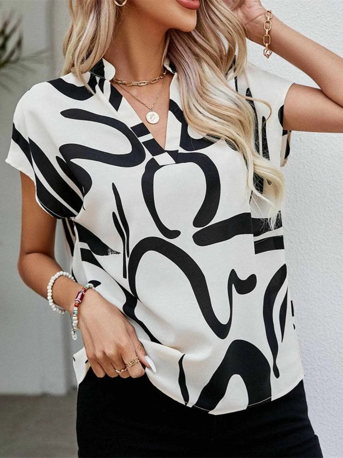 Women's Blouse Blouse - Printed Notched Sleeve - Chic Style