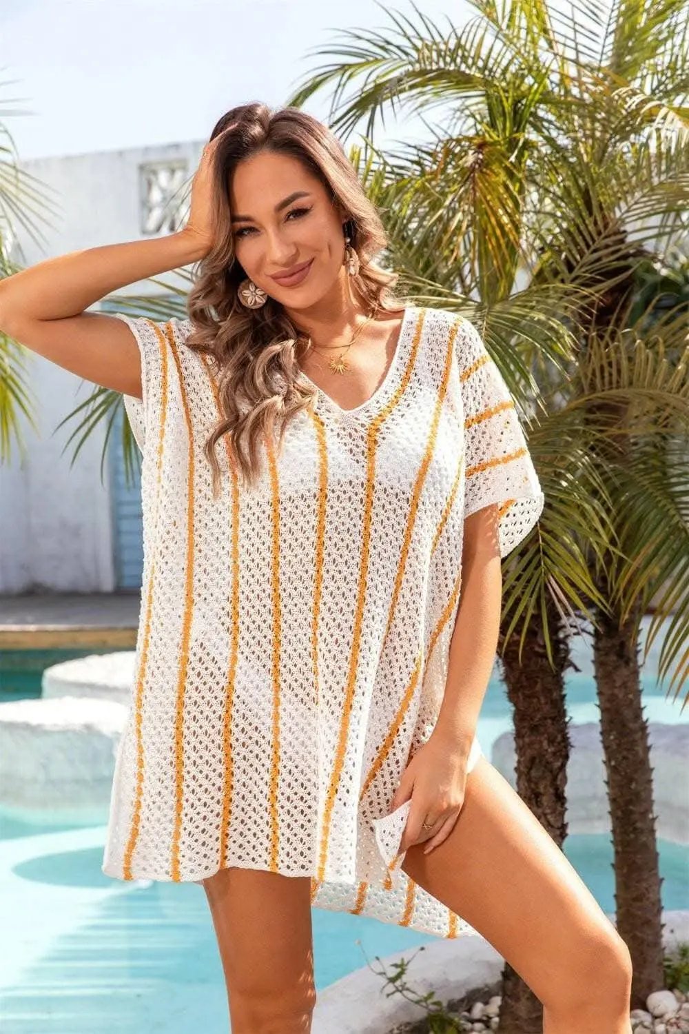 Women's Cover-Up - Sheer Openwork V-Neck - Beach to Pool