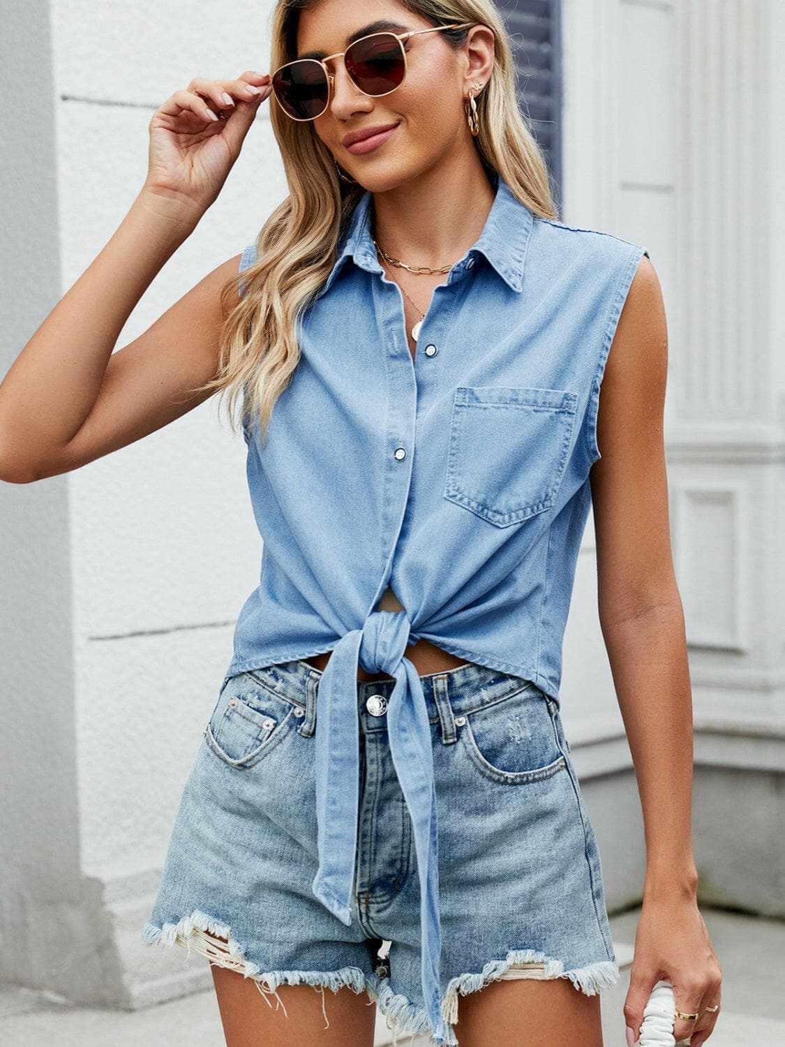 Accessories Trendsi Premium Chic sleeveless denim top - collared neck