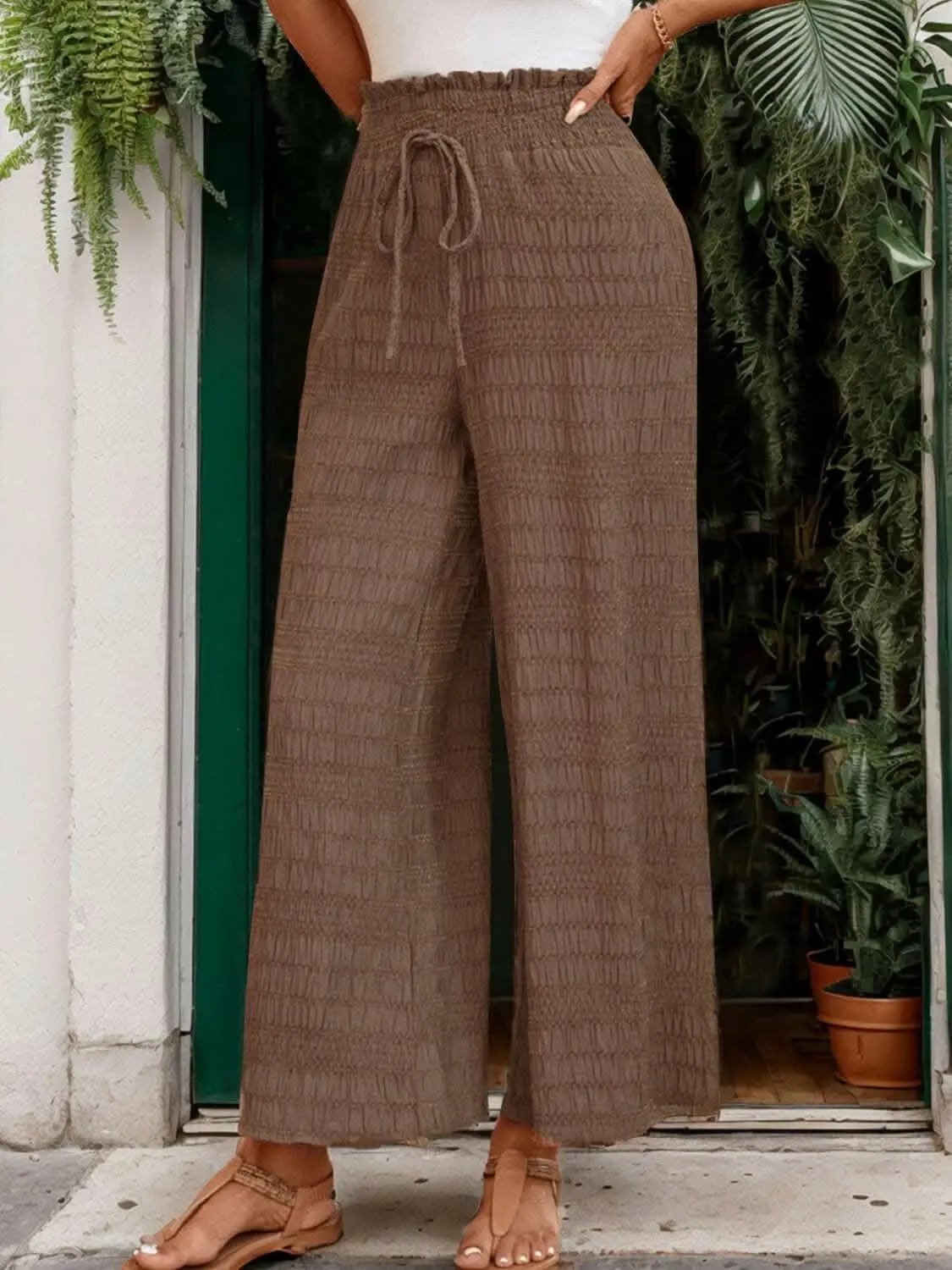 Trendsi Wide Leg Pants Brown with Tied Waist