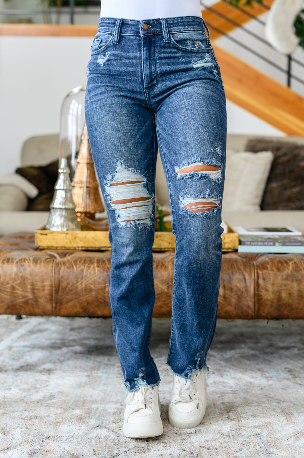 Jeans ajustados tipo 'bootcut' rotos Christine de alto contraste
