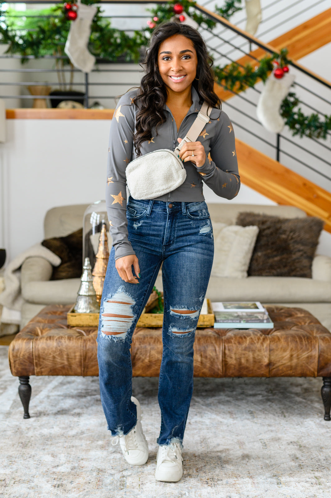 Jeans ajustados tipo 'bootcut' rotos Christine de alto contraste