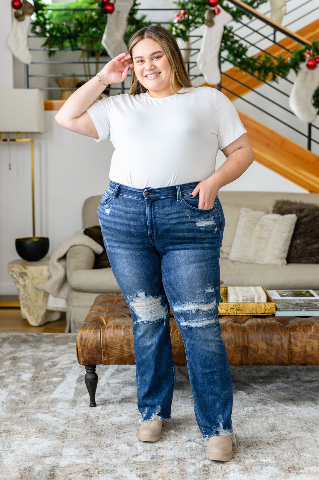 Jeans ajustados tipo 'bootcut' rotos Christine de alto contraste