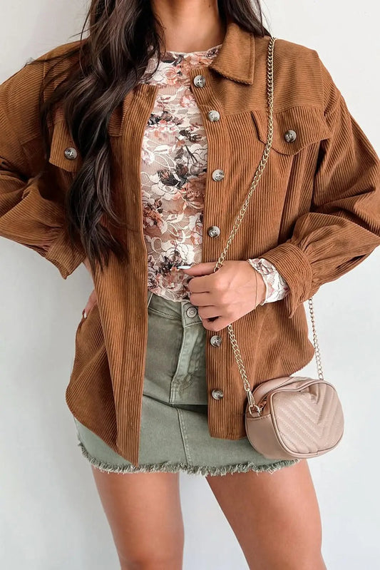 Camisa Chaqueta "Love Salve Cinnamon Corduroy" para Mujer: Bolsillo con Solapa, Abotonada