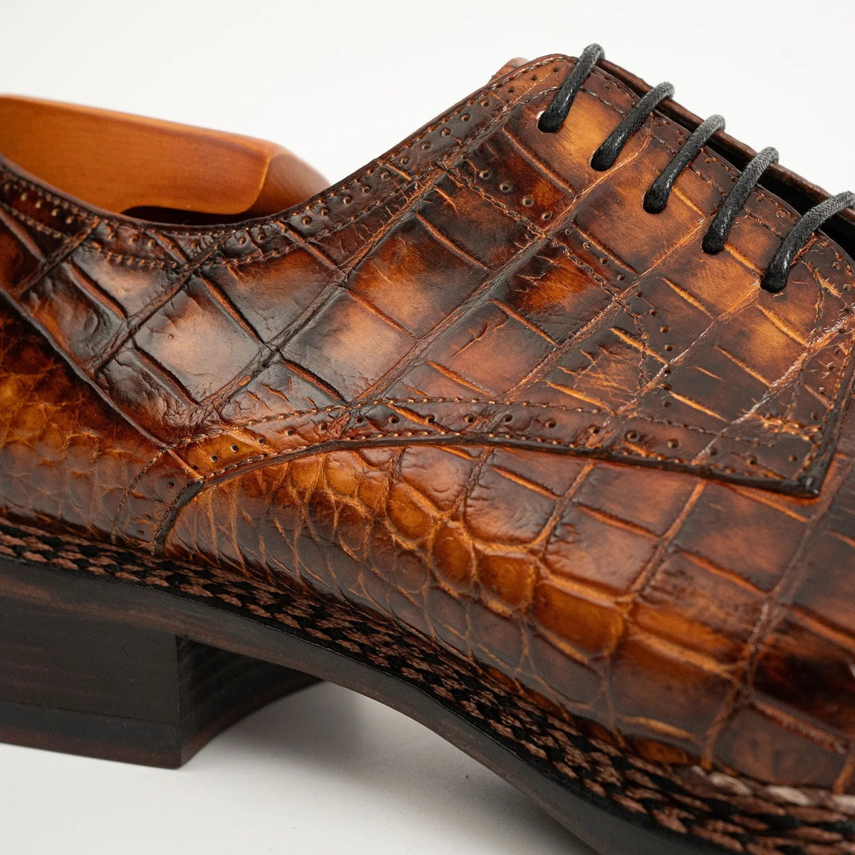 Orange-Brown Apron-Toe Crocodile Leather Derby Shoes