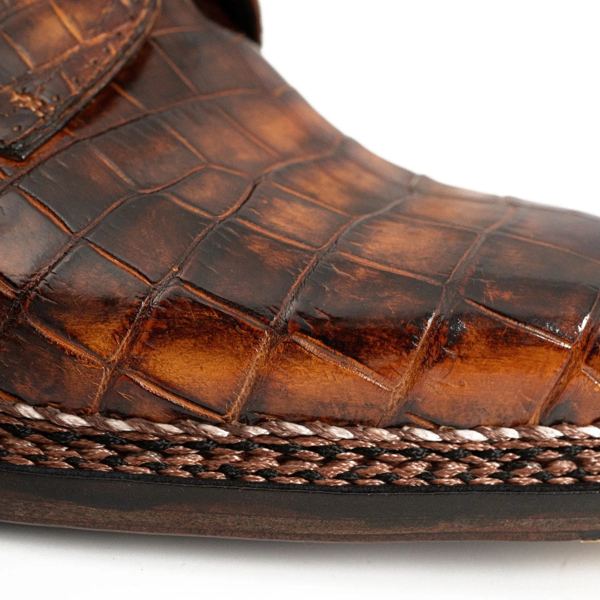 Orange-Brown Apron-Toe Crocodile Leather Derby Shoes