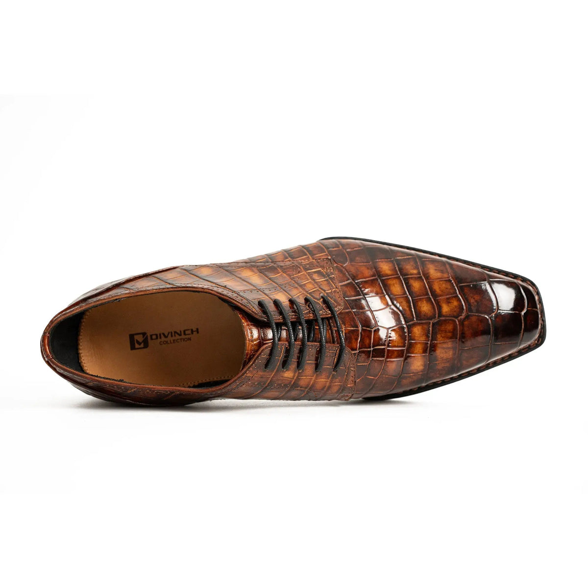 Orange-Brown Apron-Toe Crocodile Leather Derby Shoes