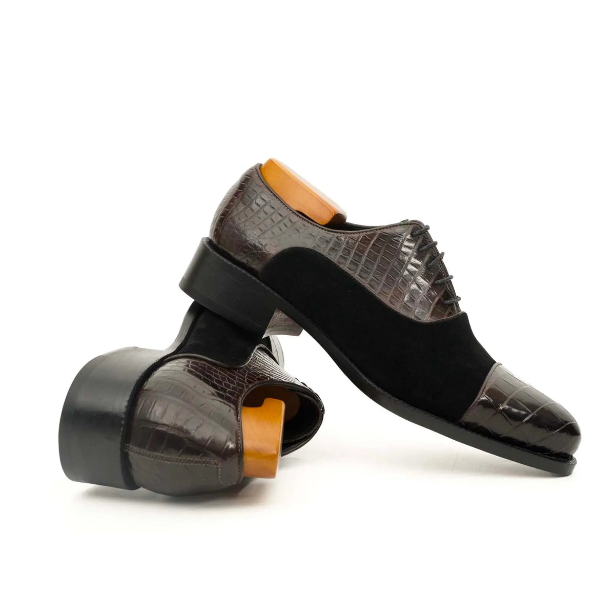 Brown-Black Cap-Toe Crocodile Leather Oxford Shoes