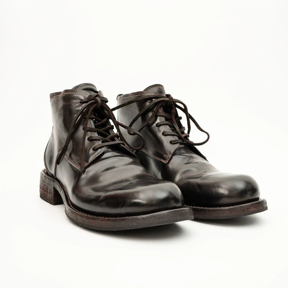 Dark Brown Plain-Toe Horse Butt Leather Ankle Boots