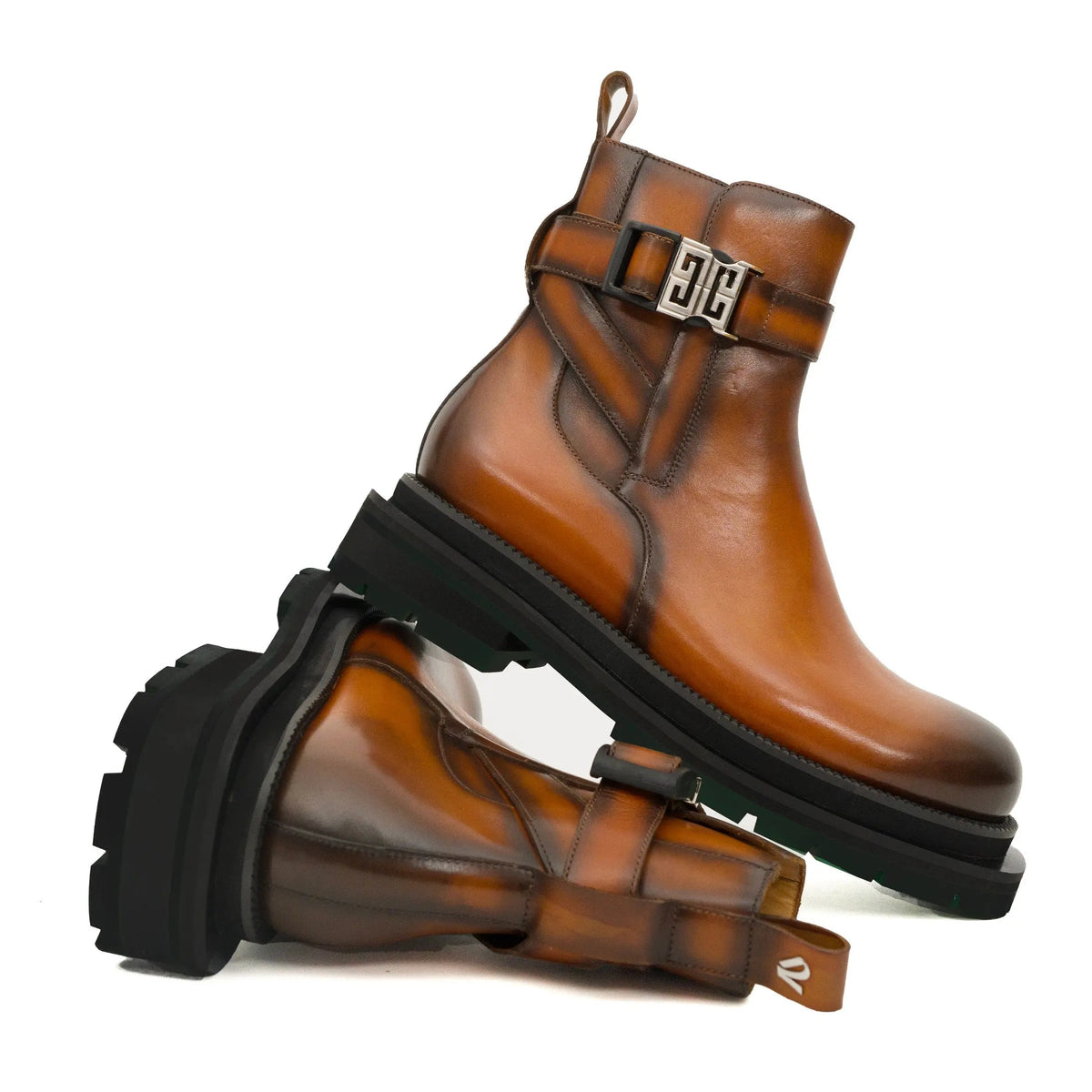 Tan Plain-Toe Cow Leather Buckle Ankle Boots