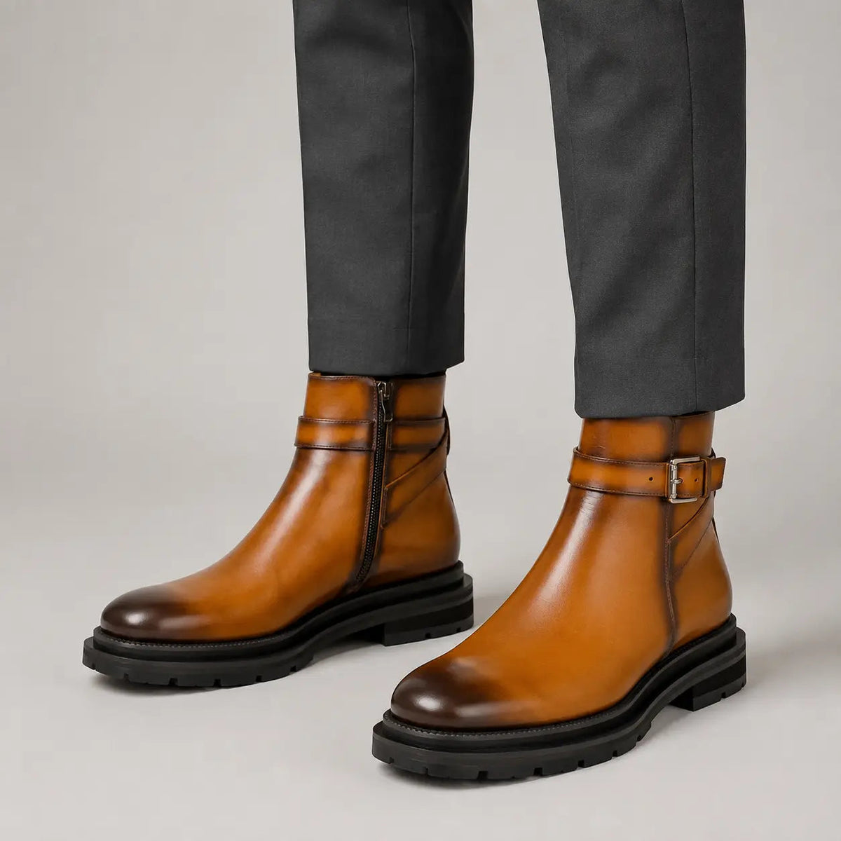Tan Plain-Toe Cow Leather Buckle Ankle Boots