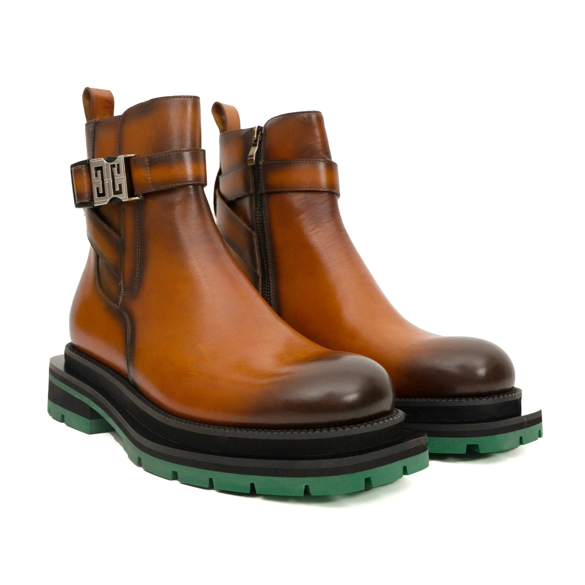 Cognac Cow Leather Buckle Ankle Boots with Green Sole