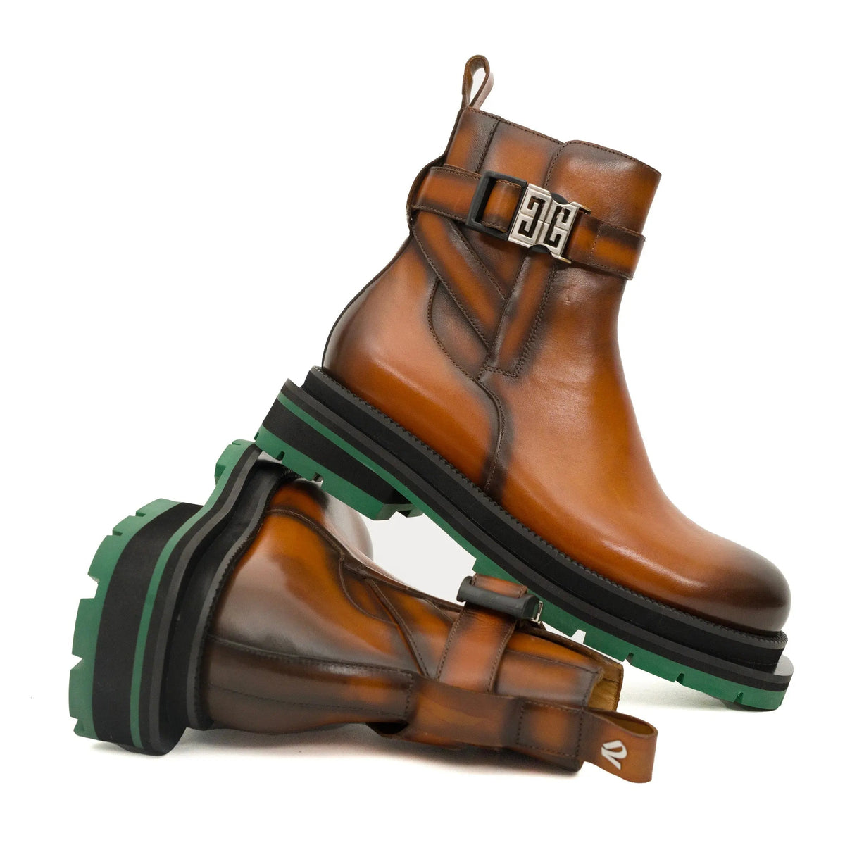 Cognac Cow Leather Buckle Ankle Boots with Green Sole